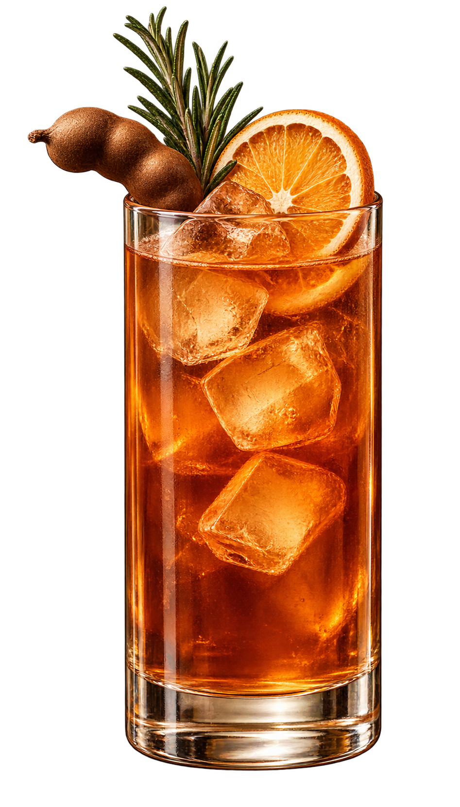 Tamarindus: cóctel ámbar con hielo, naranja, tamarindo y romero